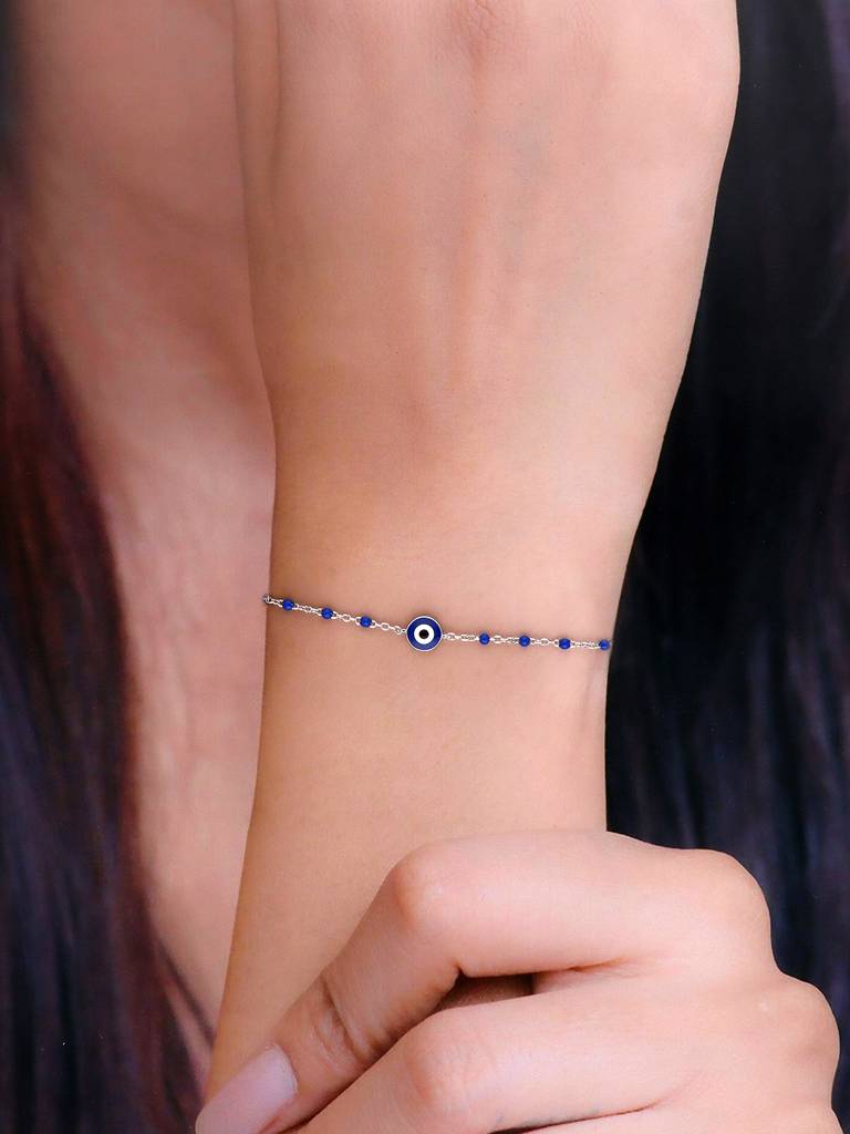 Sterling Silver Stylish Single Evil Eye Blue Beads Bracelet : BRLO310-S-NA