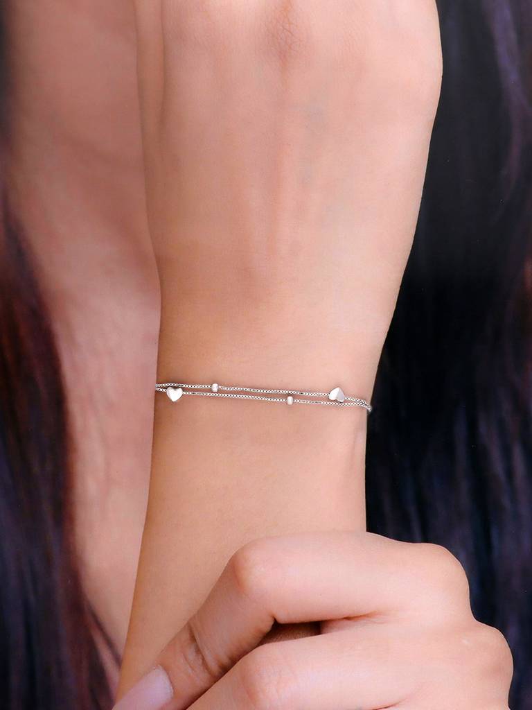 Sterling Silver Hearts & Beads Double Layered Bracelet : BRLO318-S-NA