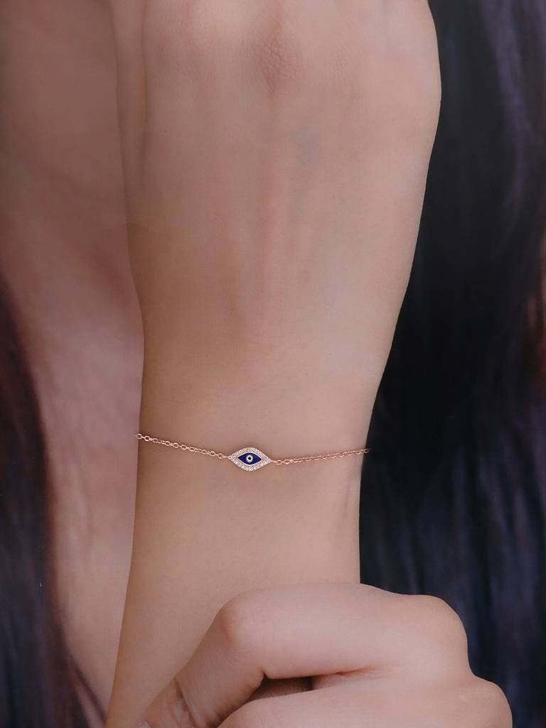 Sterling Silver Rose Gold Single Evil Eye Zircon Studded Bracelet : BRLO349-RG-NA