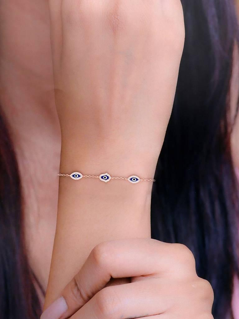 Sterling Silver Rose Gold Stylish Triple Evil Eye Bracelet : BRLO352-RG-NA