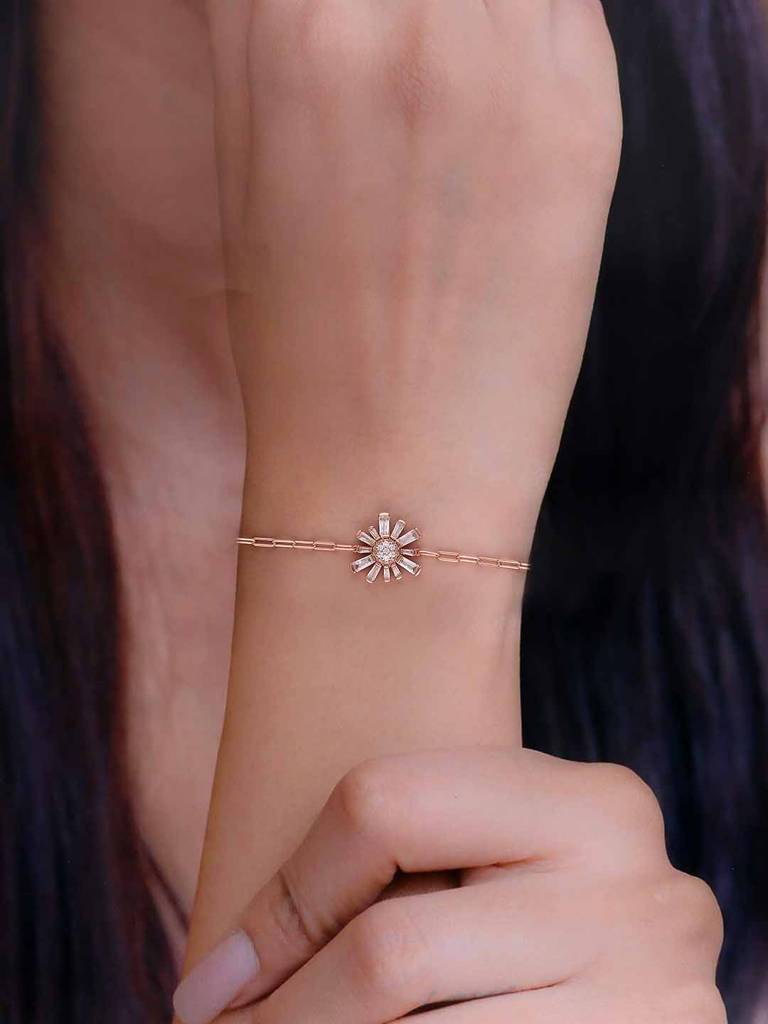 Sterling Silver Rose Gold Floral Elegance Baguette Casual Bracelet : BRLO355-RG-NA