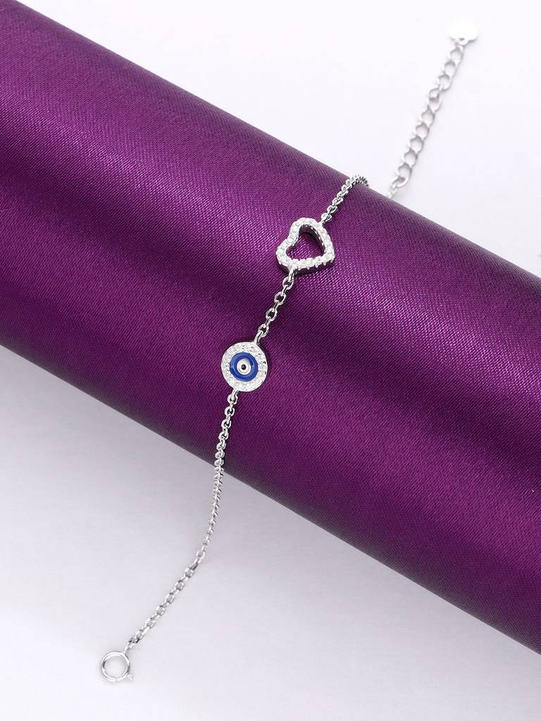925 Silver Minimalistic Evil Eye Heart Bracelet : BRLO385-S-NA