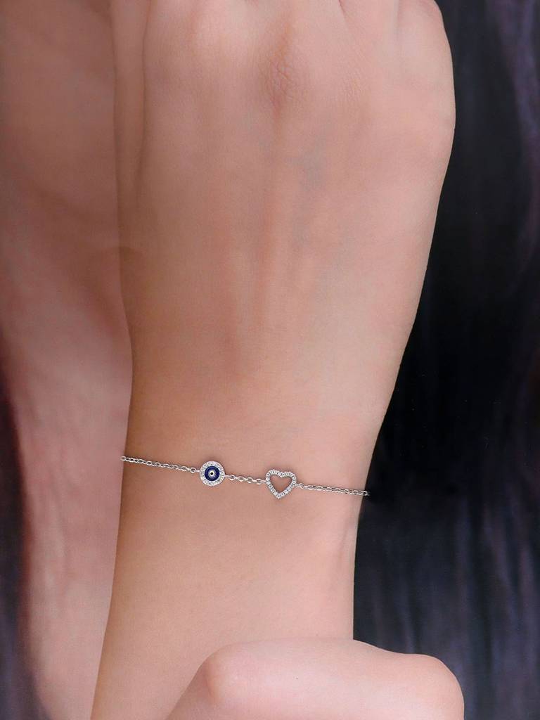 925 Silver Minimalistic Evil Eye Heart Bracelet : BRLO385-S-NA