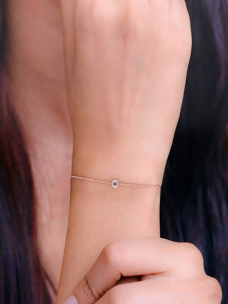 Sterling Silver Rose Gold Minimalistic Zircon Diamonds Single Evil Eye Bracelet : BRLO98-RG-NA