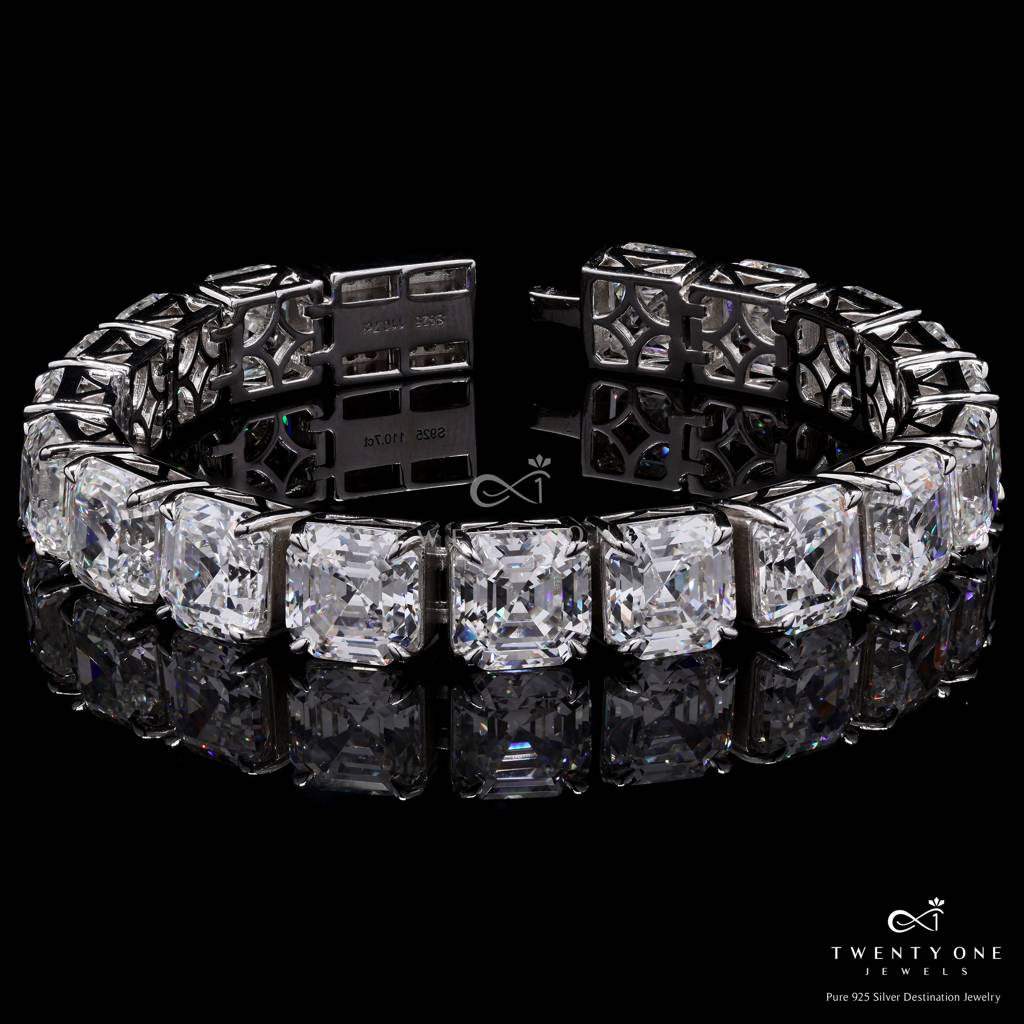 Premium Ascher Cut Chunky Bravo Solitaire Tennis Bracelet On Pure 925 Silver : TB4139