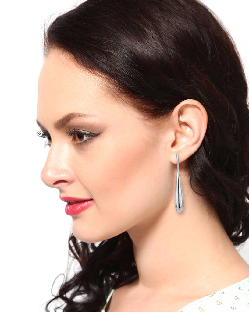 Silver-Toned Rhodium-Plated Teardrop Shaped Drop Earrings : BZ1884E
