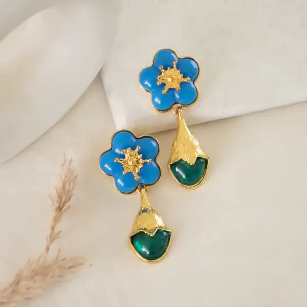 Blue Floral Tulip Drop Earrings : E455