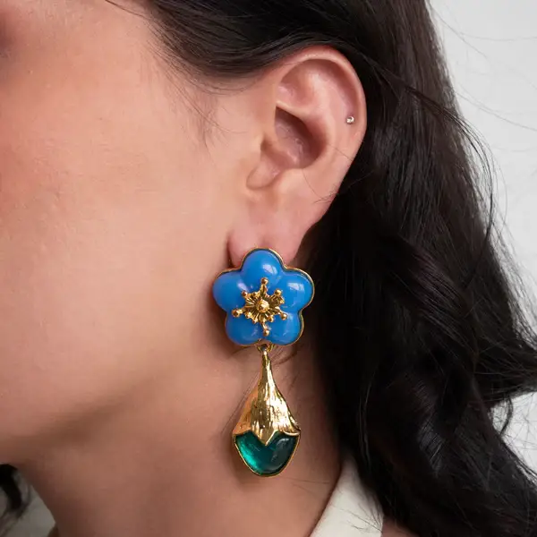 Blue Floral Tulip Drop Earrings : E455