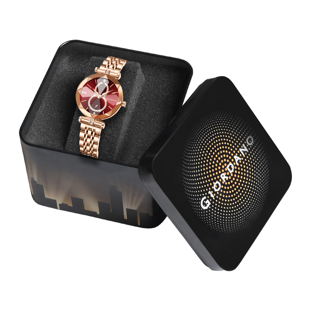 Giordano Luxury Watch For Women Â Round Diamond Cut Glass Dial, Elegant Stainless Steel Strap With Quartz Move : GZ-60092-22