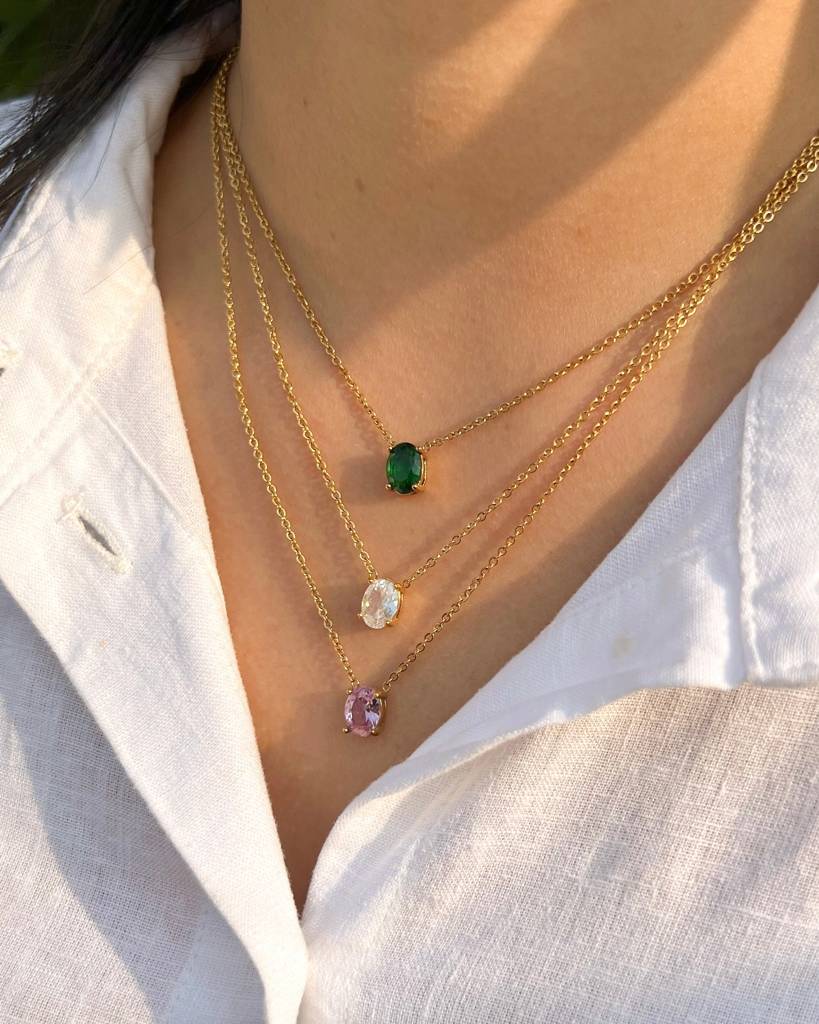 18K Gold Plated Oval Stone Necklace, Willow : N85A