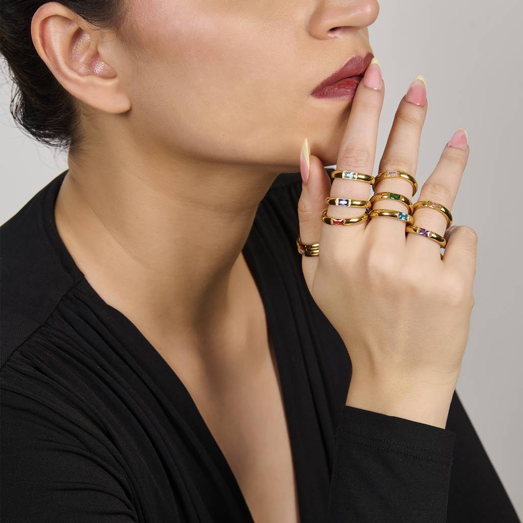 18K Gold Plated Waterproof Anti-Tarnish January Red Birthstone Zircon Ring : AMG0425R777R_8