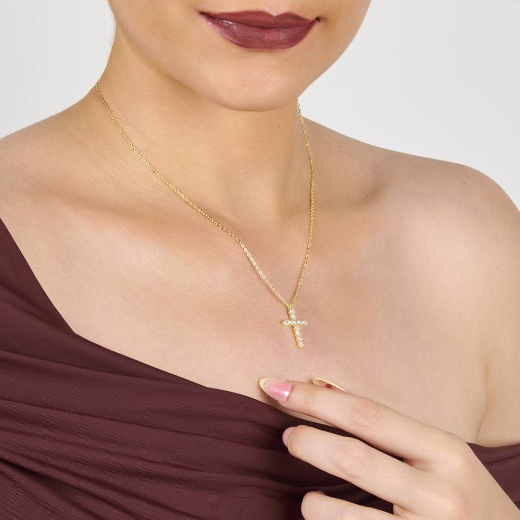 14K Gold Plated Cross Pendant Necklace With Zircon Stones| Daily Wear Necklace : AXY1124PN0007