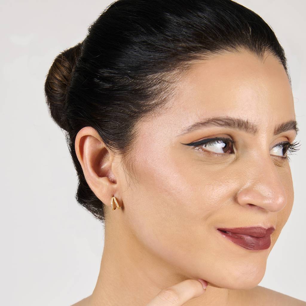 14K Gold Plated Double Half Hoops With Zircons| Lightweight, Daily Wear Earrings : AXY1124E1004