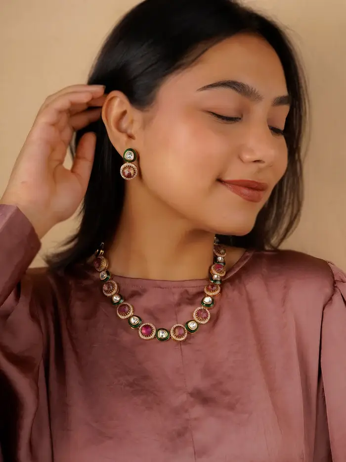 Pink Color Gold Plated Contemporary Necklace Set : CC-S18