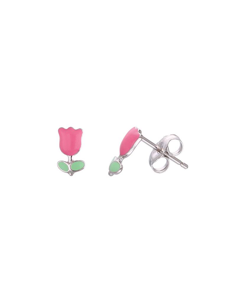Kids Pink Floral Silver Stud Earrings : CCER37-S-NA