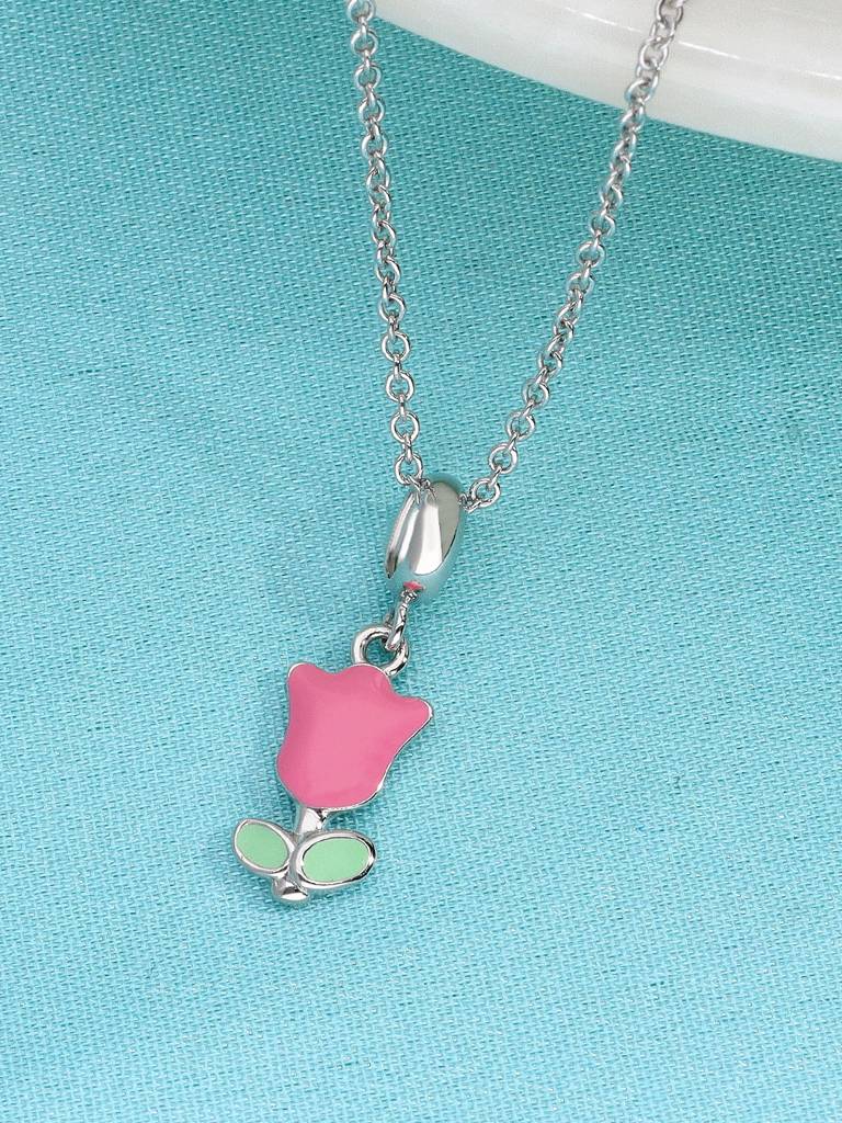 Kids Pink Floral Silver Chain Pendant 14 Inches Inch Adjustable  Pendant cm x cm Sterling Silver Silver