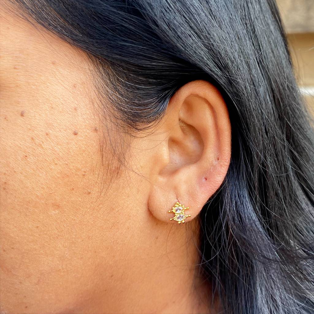 18Kt Gold Plated Demi Fine White Zircon Piercing Stud Earrings, Zoe : INZOE