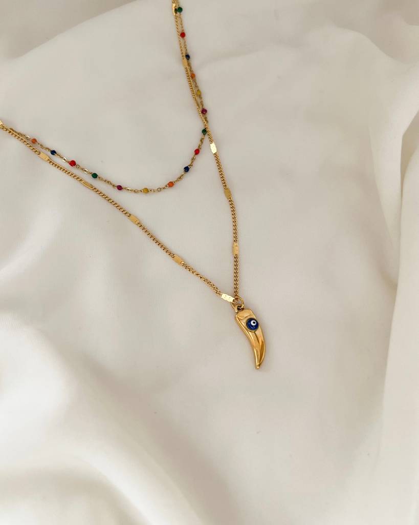 18K Gold Plated Double-Layered Evil Eye Boho Necklace, Sasha : N49