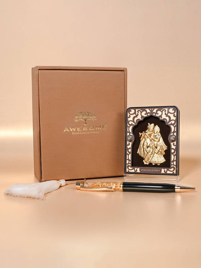 Gold Foil Radha Krishna Frame With Decorative Pen Gift Box : CGFT11