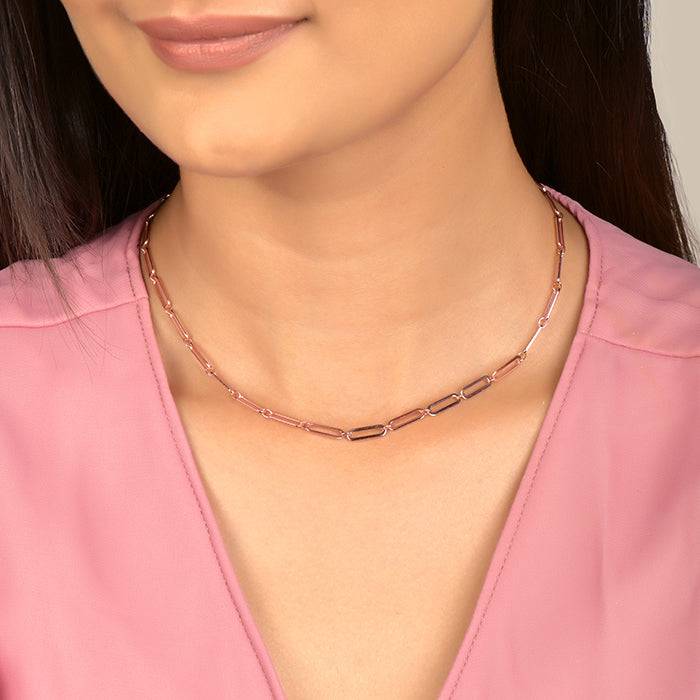925 Silver Rose Gold Elongated Link Chain Necklace : CH049