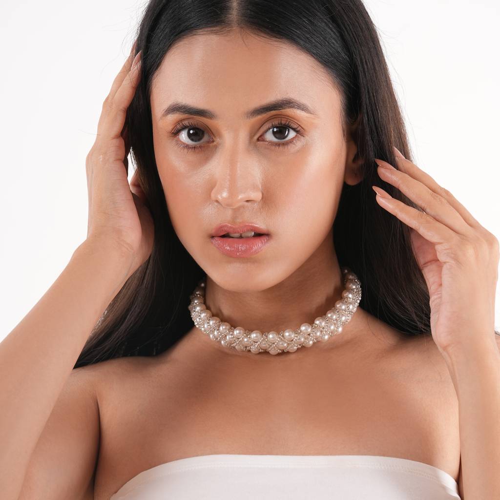Elegant Pearl And Silver Choker Adjustable Chain Necklace : CK-277-01WHITE