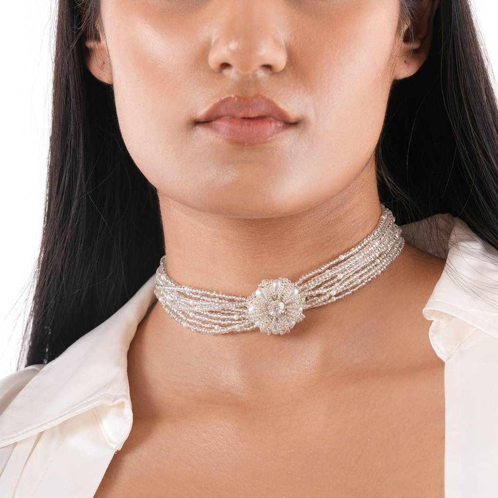 Silver Dainty Beaded Designer Necklace Adjustable Choker For Bridesmaids  Adjustable Brass White