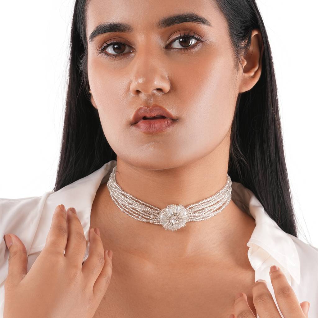 Silver Dainty Beaded Designer Necklace Adjustable Choker For Bridesmaids : CK-279-01WHITE