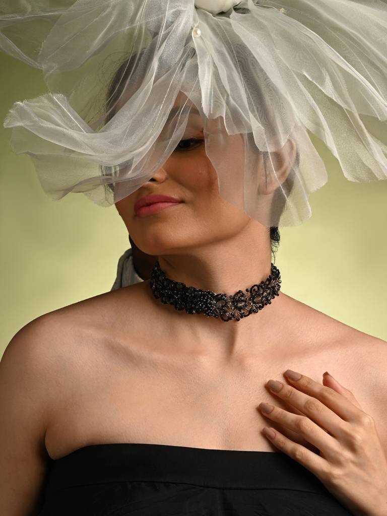 Jet Black Stone Crytal Silver Plated Cocktail Choker Necklace : CK-363-01BLACK
