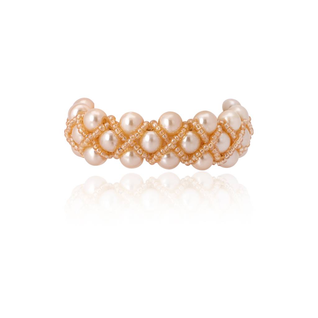 Round Beige Pearl With Golden Crystal Adjustable Bangle Style Bracelet : CKBR-277-02GOLD