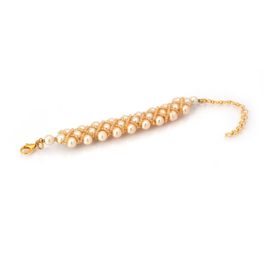 Round Beige Pearl With Golden Crystal Adjustable Bangle Style Bracelet : CKBR-277-02GOLD