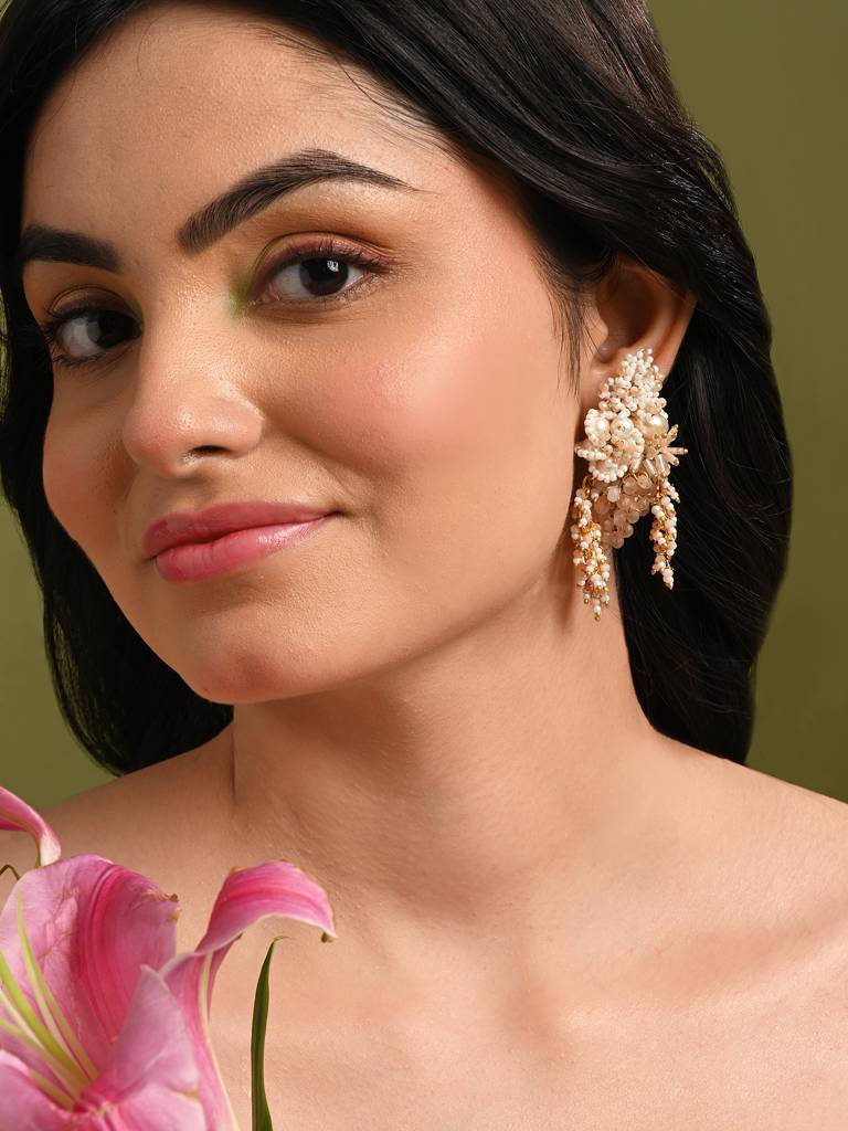 Long White Pearl With Peach Stone Gold Plated Earrings : CKE-325-01PEACH