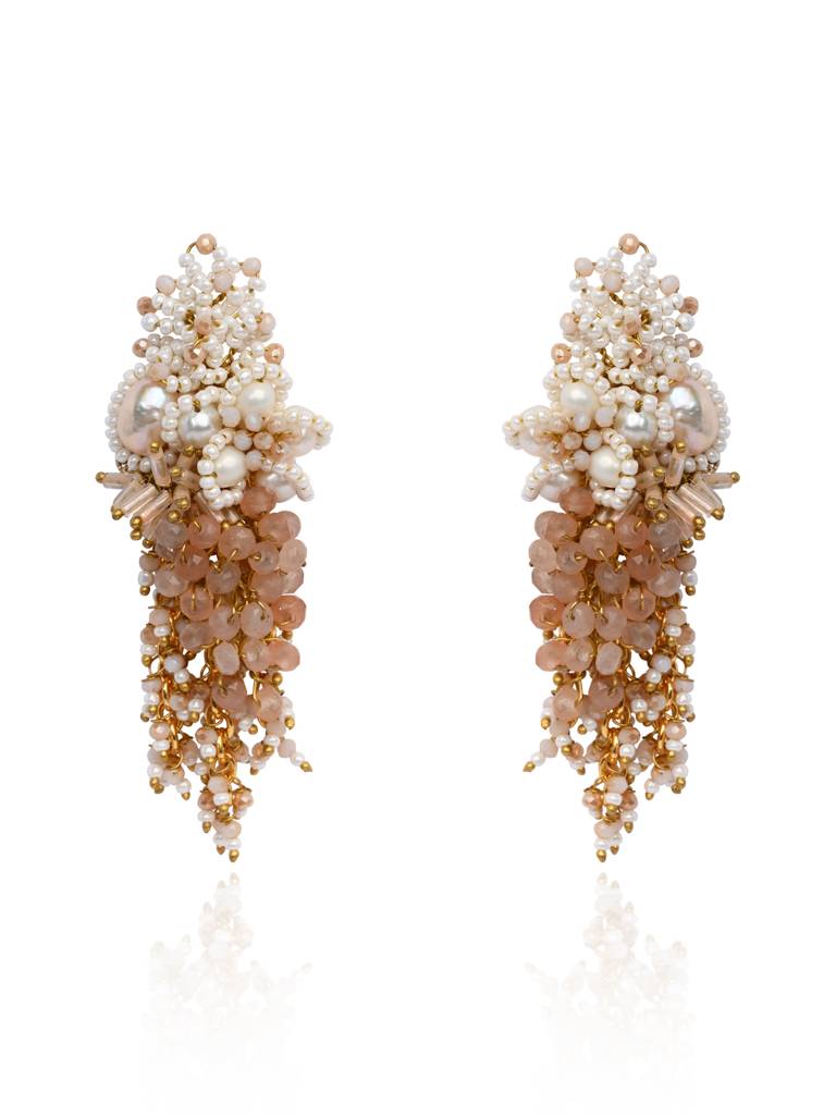 Long White Pearl With Peach Stone Gold Plated Earrings : CKE-325-01PEACH