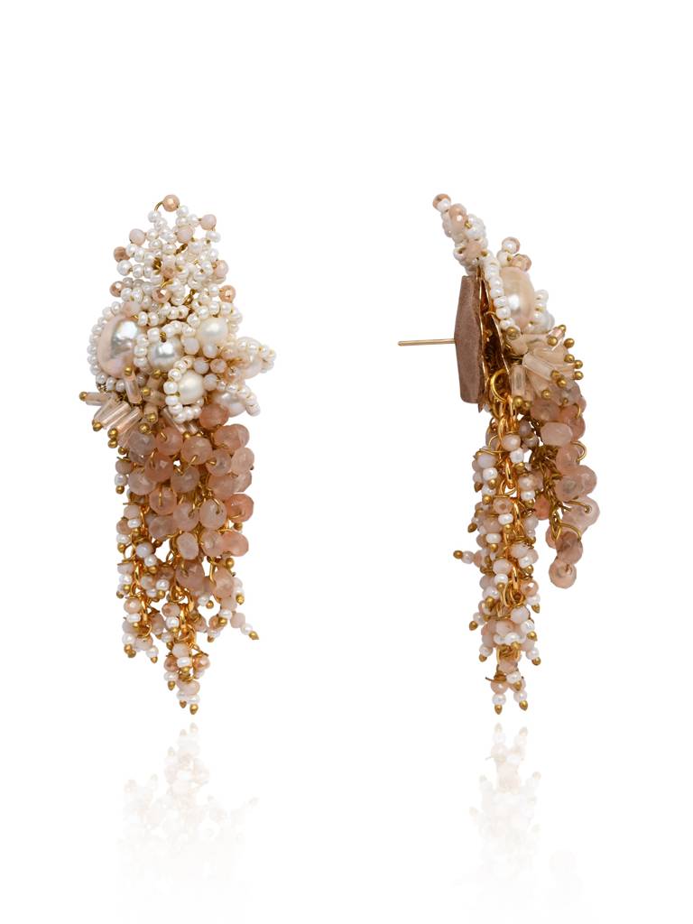 Long White Pearl With Peach Stone Gold Plated Earrings : CKE-325-01PEACH