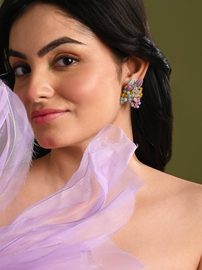 Multicolour Round Floral Stone Earrings : CKE-356-01MULTI