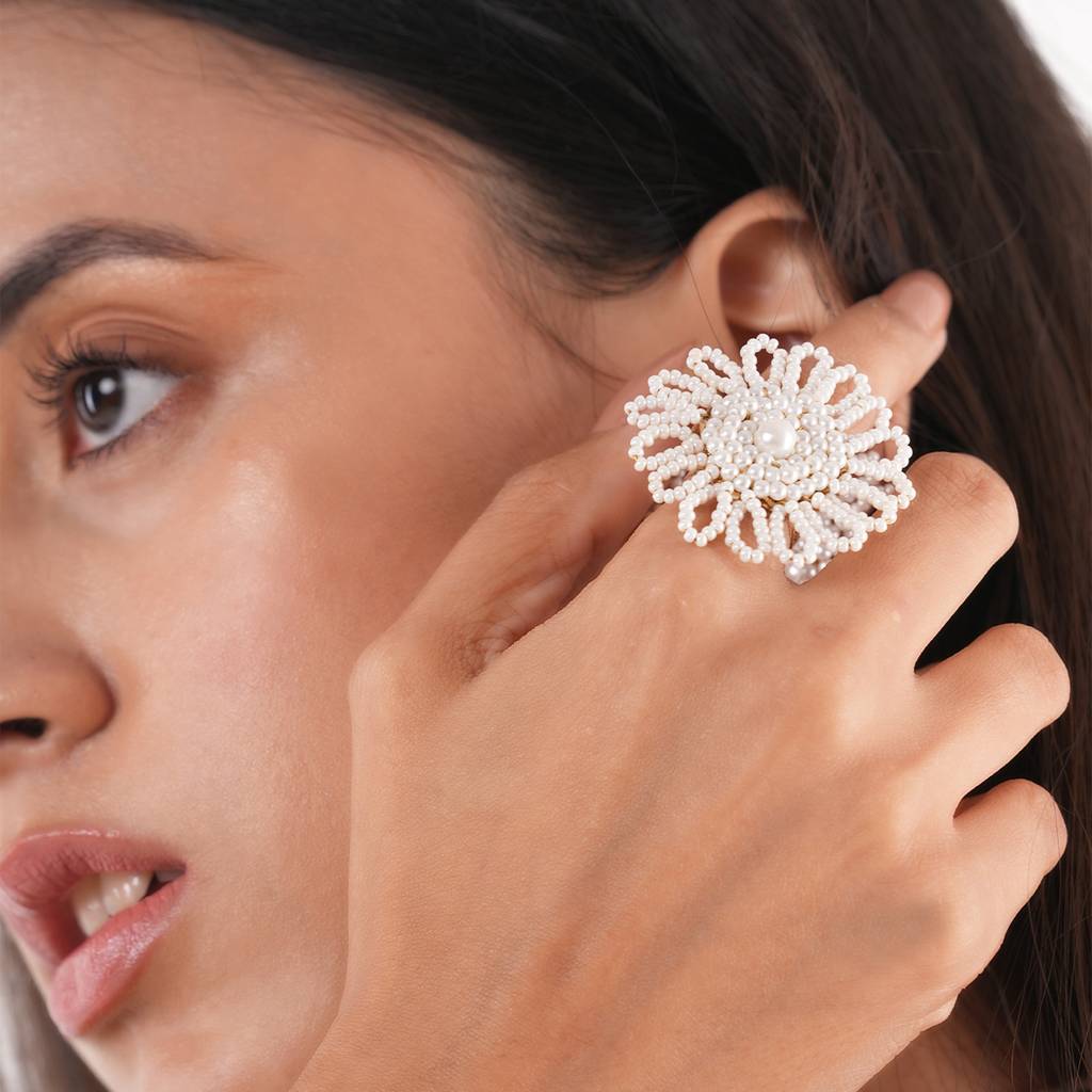 Floral Haldi Wedding Pearl White Round Ring : CKR-275-01WHITE