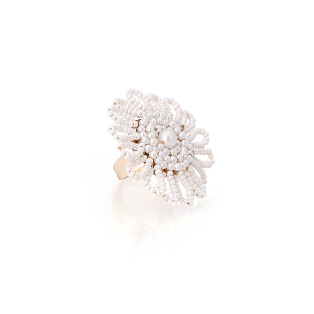 Floral Haldi Wedding Pearl White Round Ring : CKR-275-01WHITE