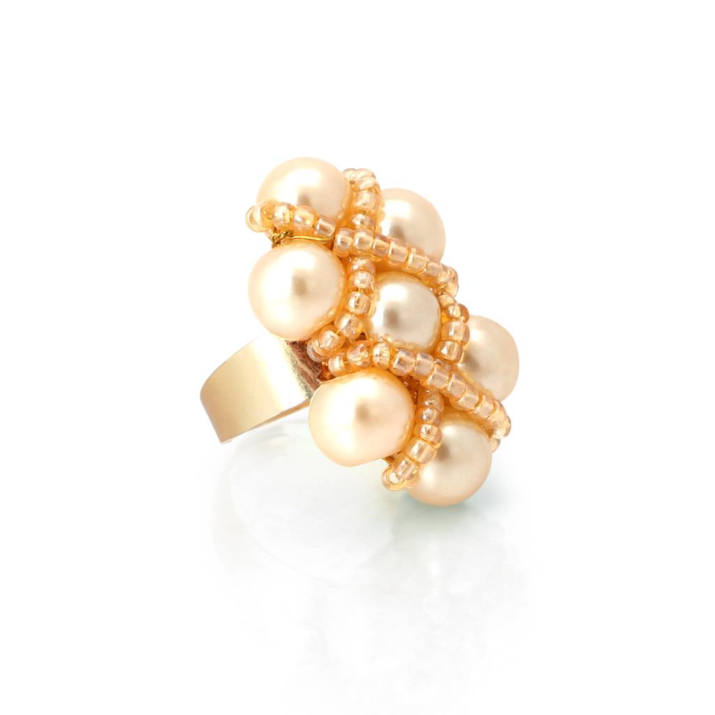 Beaded Stacking Ring With Beige Pearls : CKR-277-02GOLD