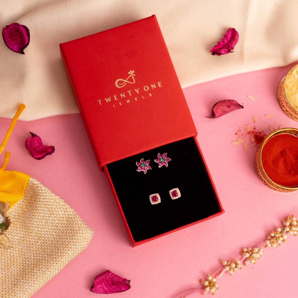 Exclusive Value Festive Combo Of Ruby Floral And Rose Gold Ruby Solitaire Studs On Pure 925 Silver. : CS81O2