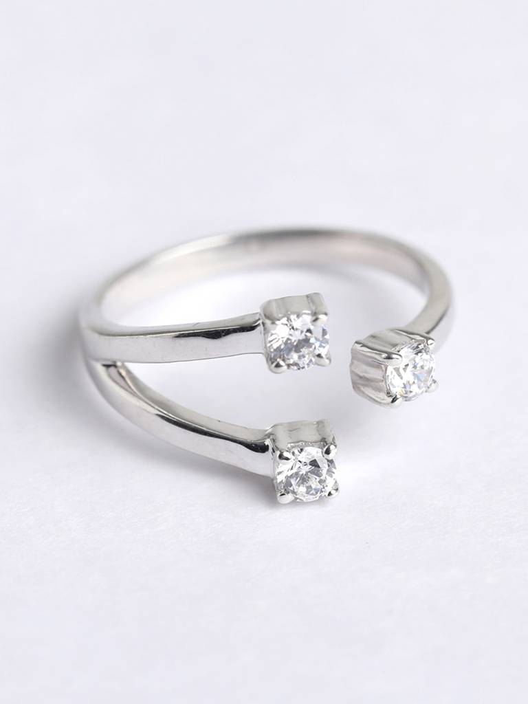 925 Sterling Silver Rhodium Plated Swiss Zirconia 3 Stone Open Size Adjustable Ring Gift For Women & Girls : CSADJR1_F