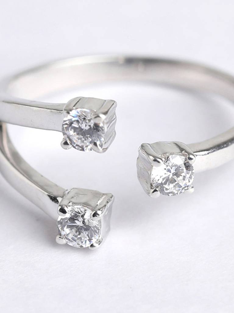 925 Sterling Silver Rhodium Plated Swiss Zirconia 3 Stone Open Size Adjustable Ring Gift For Women & Girls : CSADJR1_F