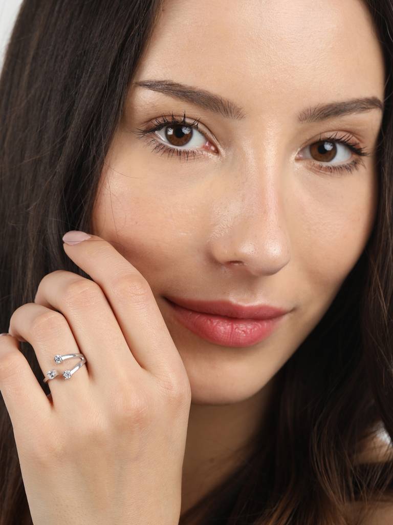 925 Sterling Silver Rhodium Plated Swiss Zirconia 3 Stone Open Size Adjustable Ring Gift For Women & Girls : CSADJR1_F