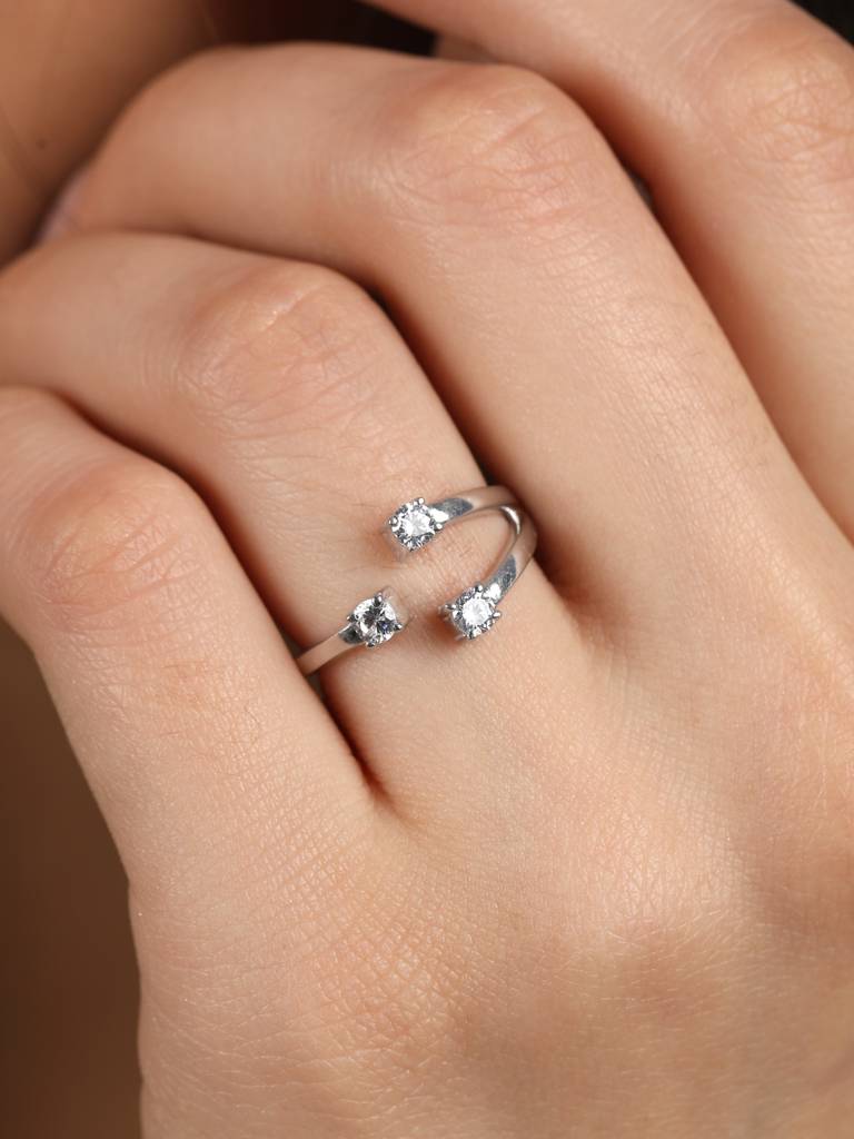 925 Sterling Silver Rhodium Plated Swiss Zirconia 3 Stone Open Size Adjustable Ring Gift For Women & Girls : CSADJR1_F