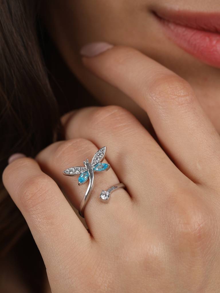 925 Sterling Silver Rhodium Plated Swiss Zirconia Butterfly Open Size Adjustable Ring Gift For Women & Girls : CSADJR2_F
