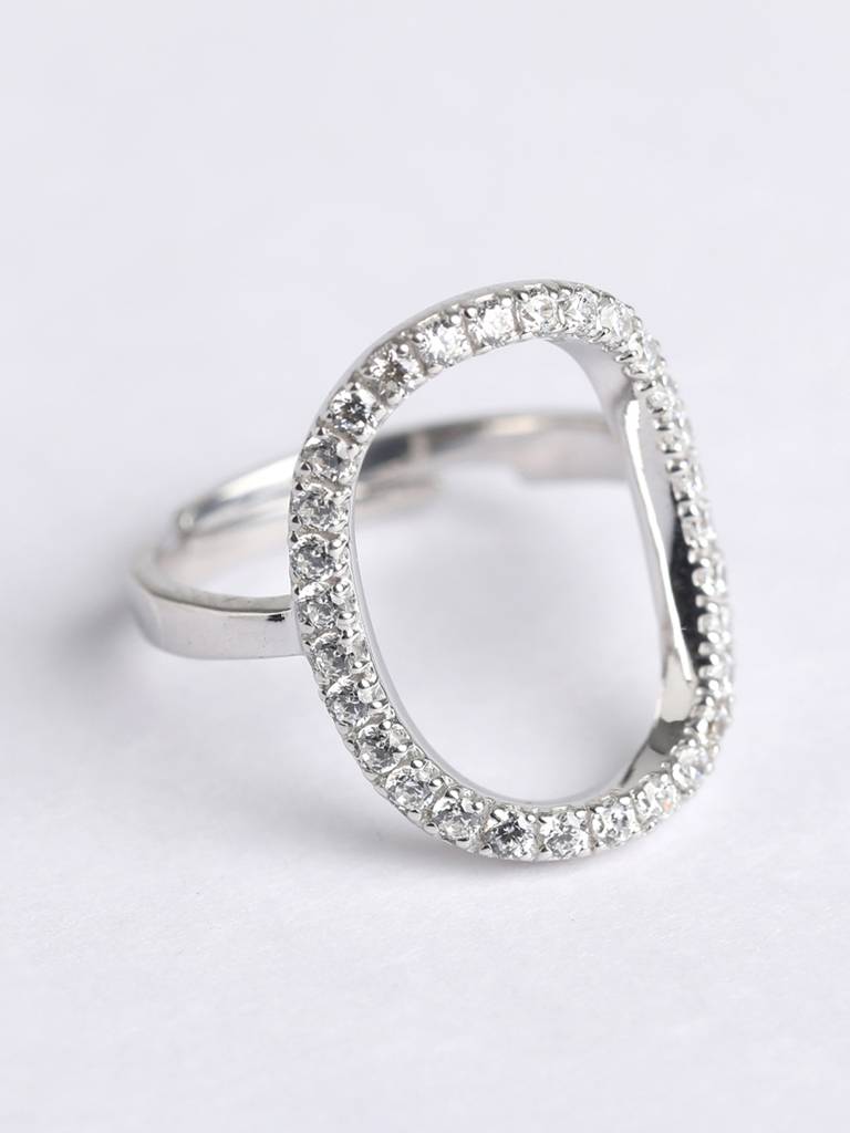 925 Sterling Silver Rhodium Plated Swiss Zirconia Unique Ring With Adjustable Band Gift For Women & Girls : CSADJR3_F