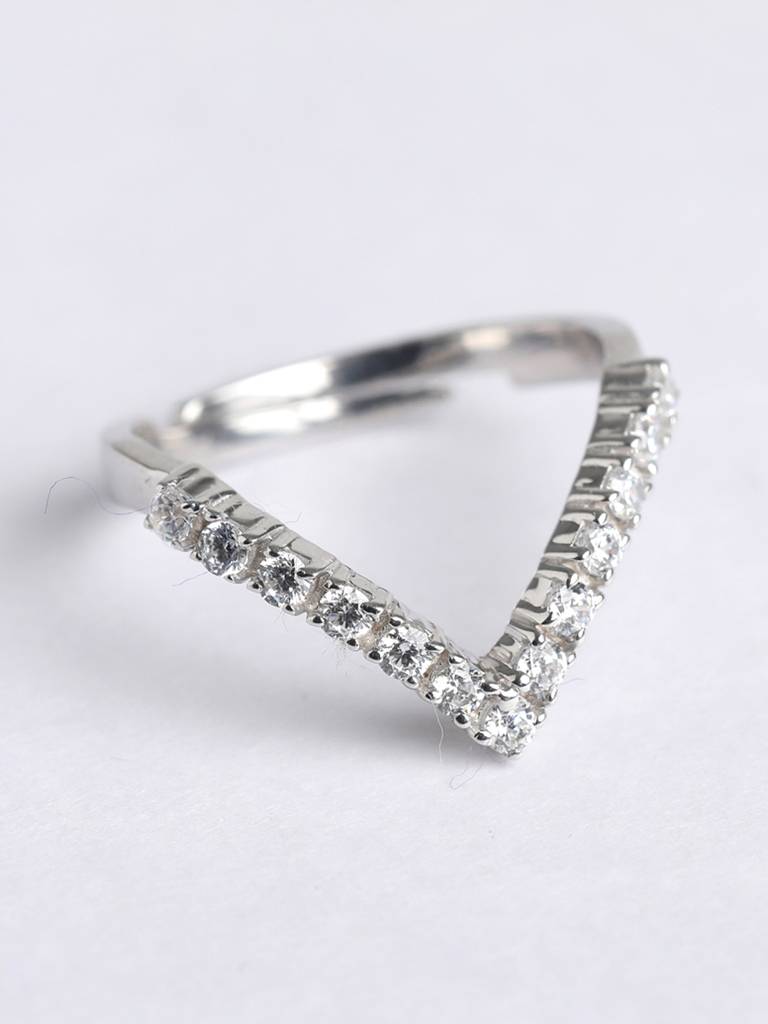 925 Sterling Silver Rhodium Plated Swiss Zirconia V Shape Ring With Adjustable Band Gift For Women & Girls : CSADJR5_F