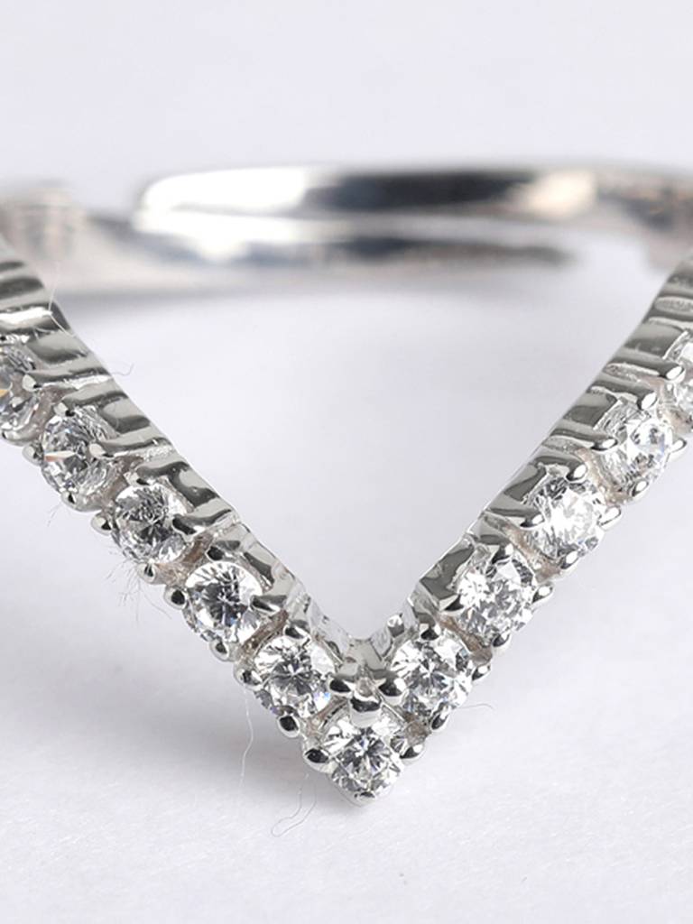 925 Sterling Silver Rhodium Plated Swiss Zirconia V Shape Ring With Adjustable Band Gift For Women & Girls : CSADJR5_F