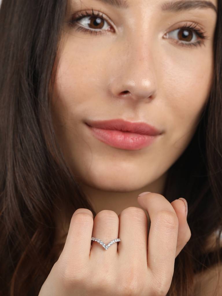 925 Sterling Silver Rhodium Plated Swiss Zirconia V Shape Ring With Adjustable Band Gift For Women & Girls : CSADJR5_F
