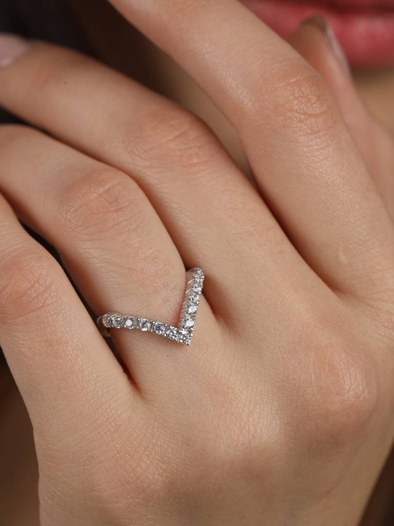 925 Sterling Silver Rhodium Plated Swiss Zirconia V Shape Ring With Adjustable Band Gift For Women & Girls : CSADJR5_F