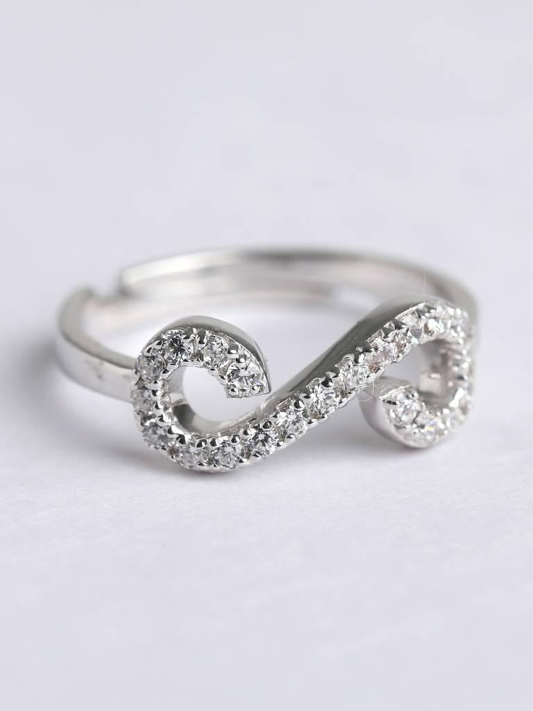 925 Sterling Silver Rhodium Plated Swiss Zirconia Infinity Ring With Adjustable Band Gift For Women & Girls : CSADJR7_F