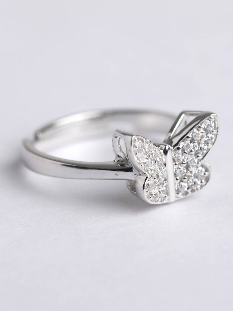 925 Sterling Silver Rhodium Plated Swiss Zirconia Butterfly Ring With Adjustable Band Gift For Women & Girls : CSADJR8_F